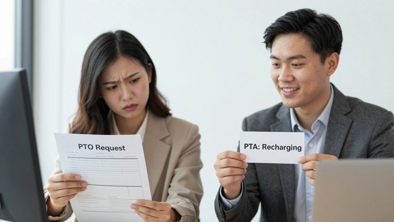Two coworkers contrasted: one filling out a PTO form, another holding a simple PTA note.
