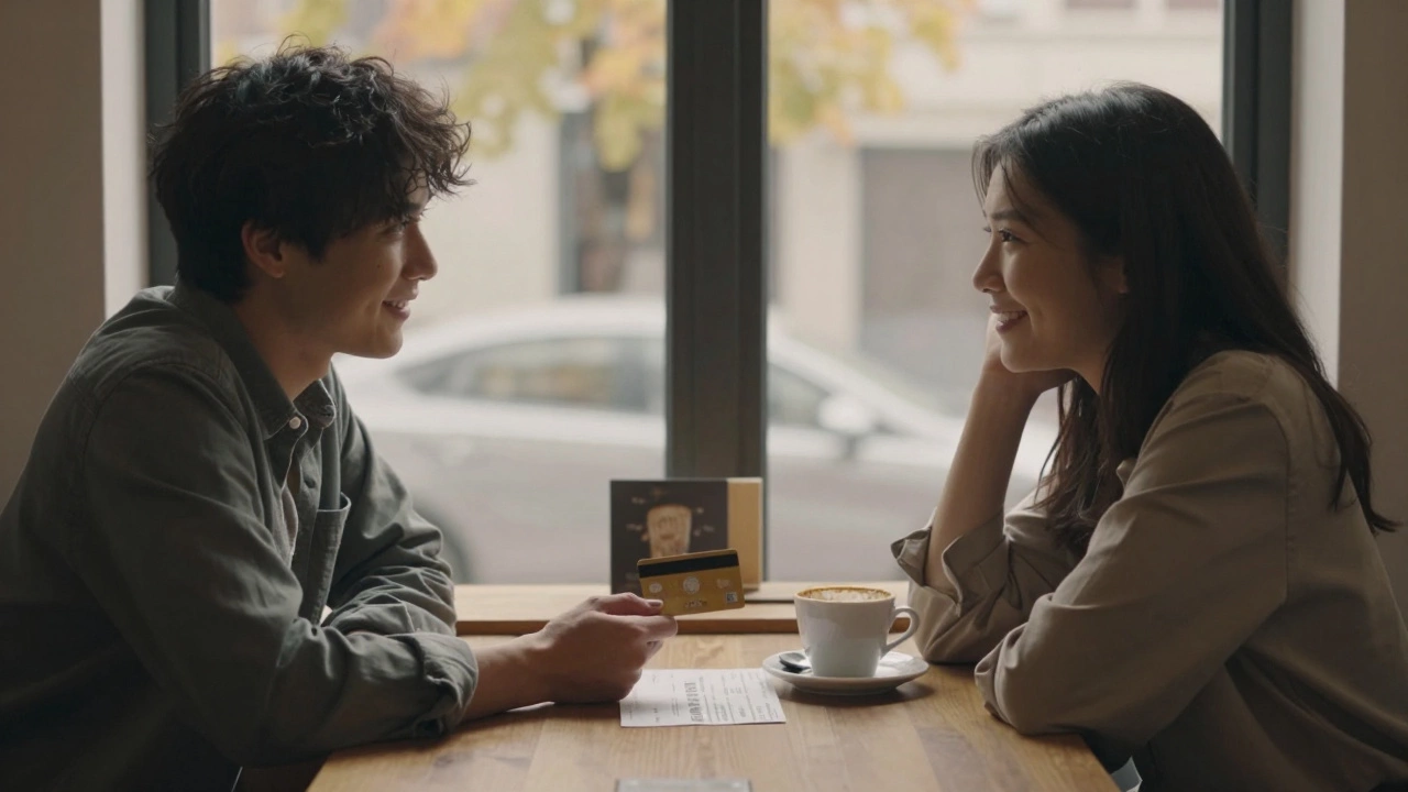 Two friends sharing a quiet moment at a café, one offering a gift card as a gesture of goodwill.