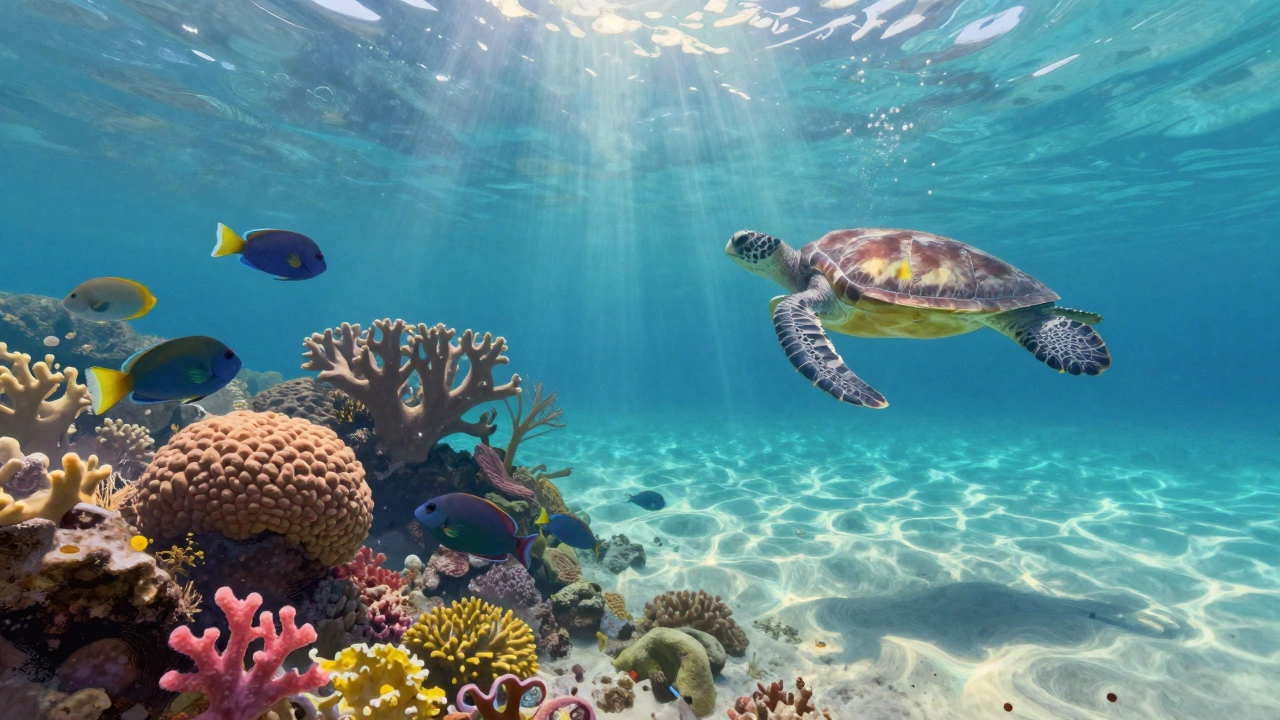 Underwater view of colorful fish and coral in crystal-clear water, sunlight filtering through the ocean at Playa Paraiso.