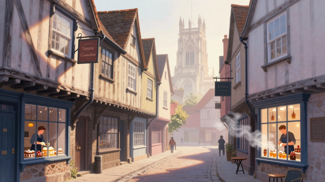 York's Shambles at dawn with timber buildings, honeyed sweets, and Minster in misty distance.