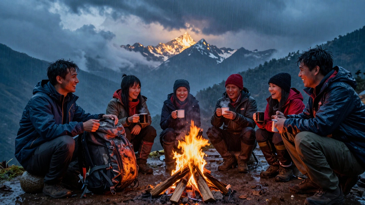 A group laughing by a campfire during rain, glowing mountains visible as clouds clear.