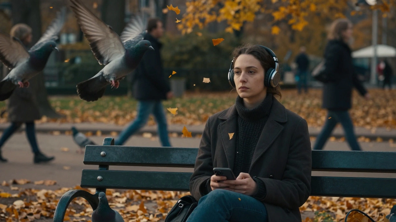 A person on a park bench watching pigeons, completely disconnected from devices, surrounded by falling leaves.