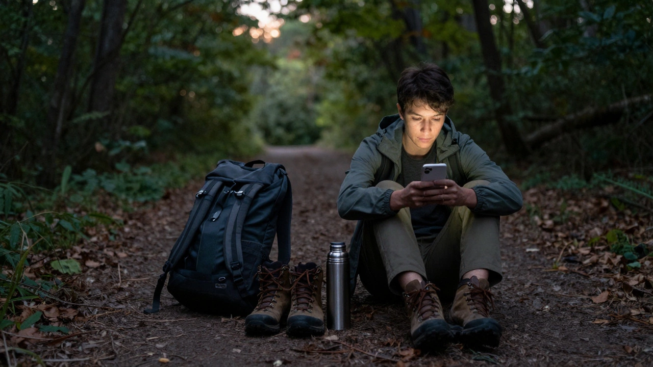 A phone left beside hiking boots and a thermos on a forest trail at dusk.