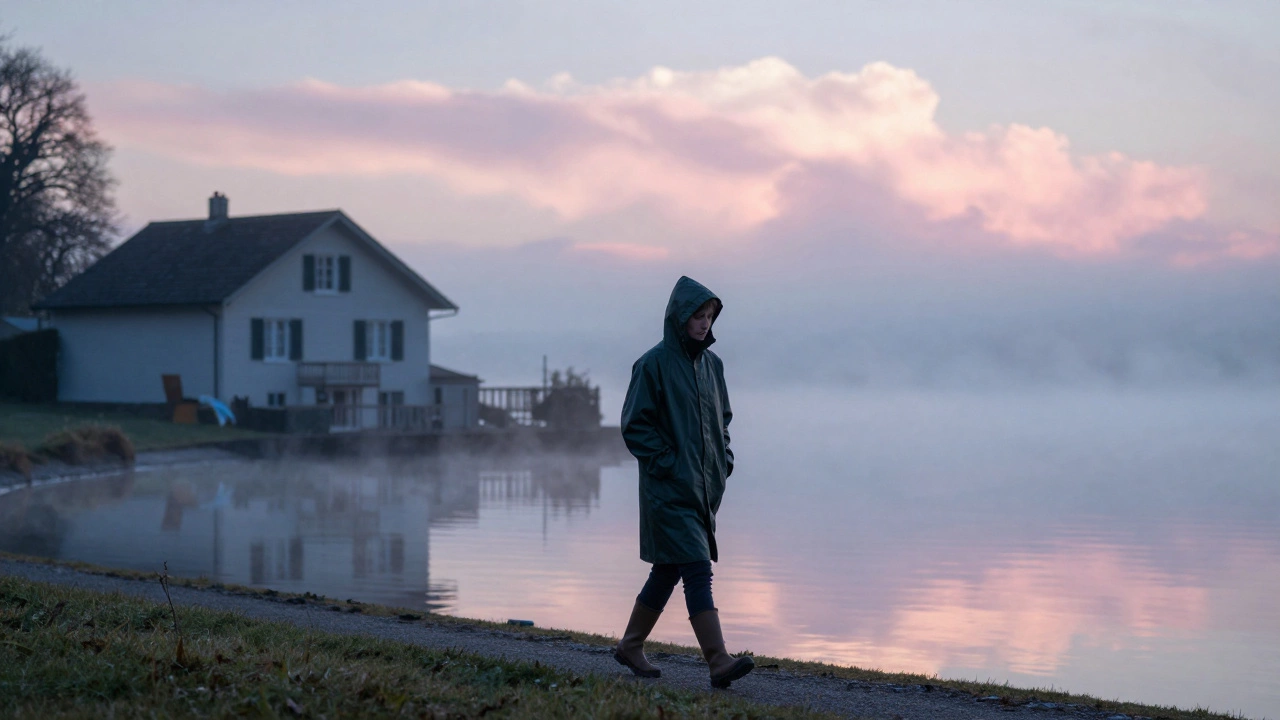 A walker strolls along a misty lakeshore at sunrise, raincoat on, hands in pockets, no devices, serene natural setting.