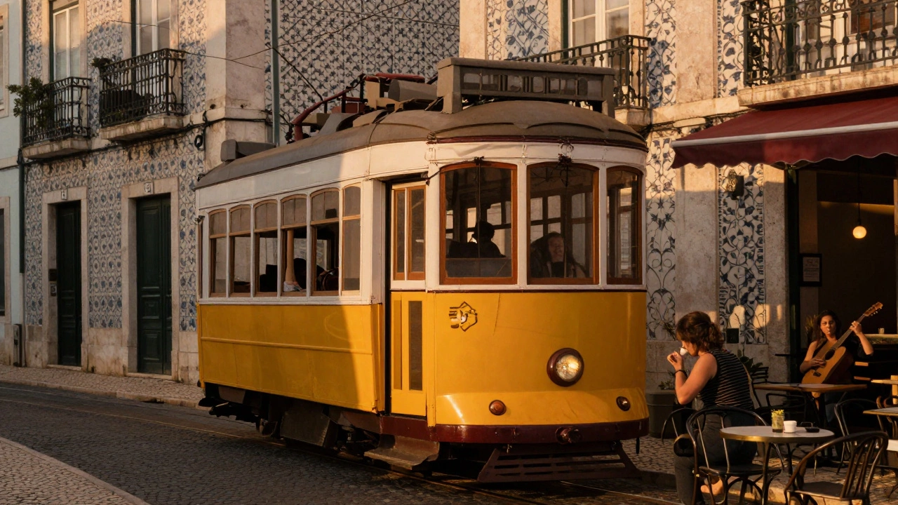 A woman sipping a drink at a café in a colorful old neighborhood as a tram passes by.
