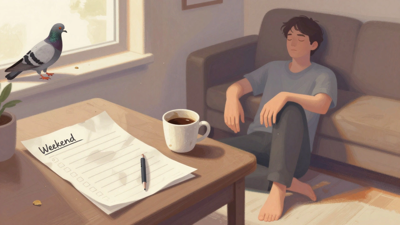 An empty weekend checklist beside a person sitting on the floor, eyes closed, in warm afternoon light.