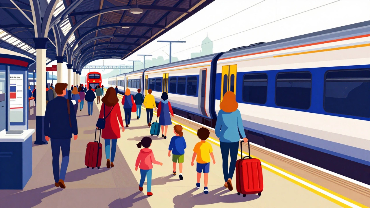 Crowded train station with tourists during holiday rush