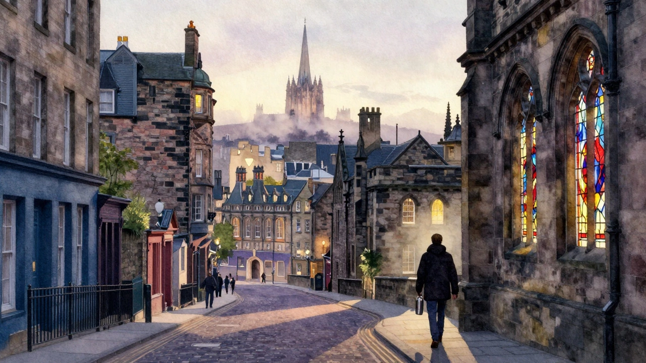 Edinburgh's Royal Mile at dawn with Arthur’s Seat in the mist, medieval buildings and a lone walker heading to the museum.