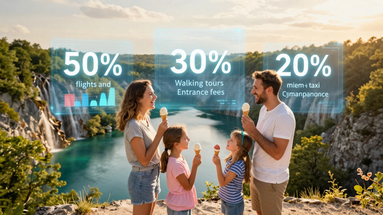 Family enjoying gelato at Plitvice Lakes with transparent financial categories hovering behind them.