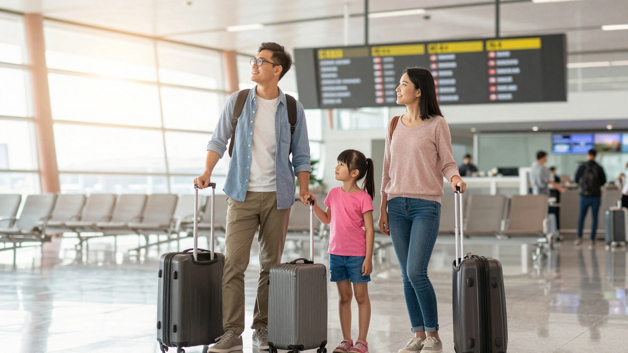 Happy family with luggage in a sunlit airport terminal.