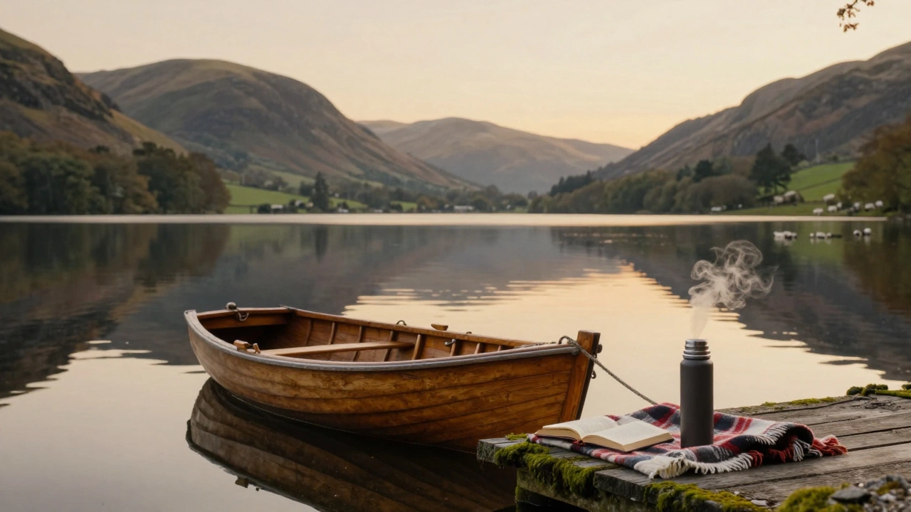 Lake District's Windermere at golden hour, a quiet dock with a rowboat and thermos beside an open book.