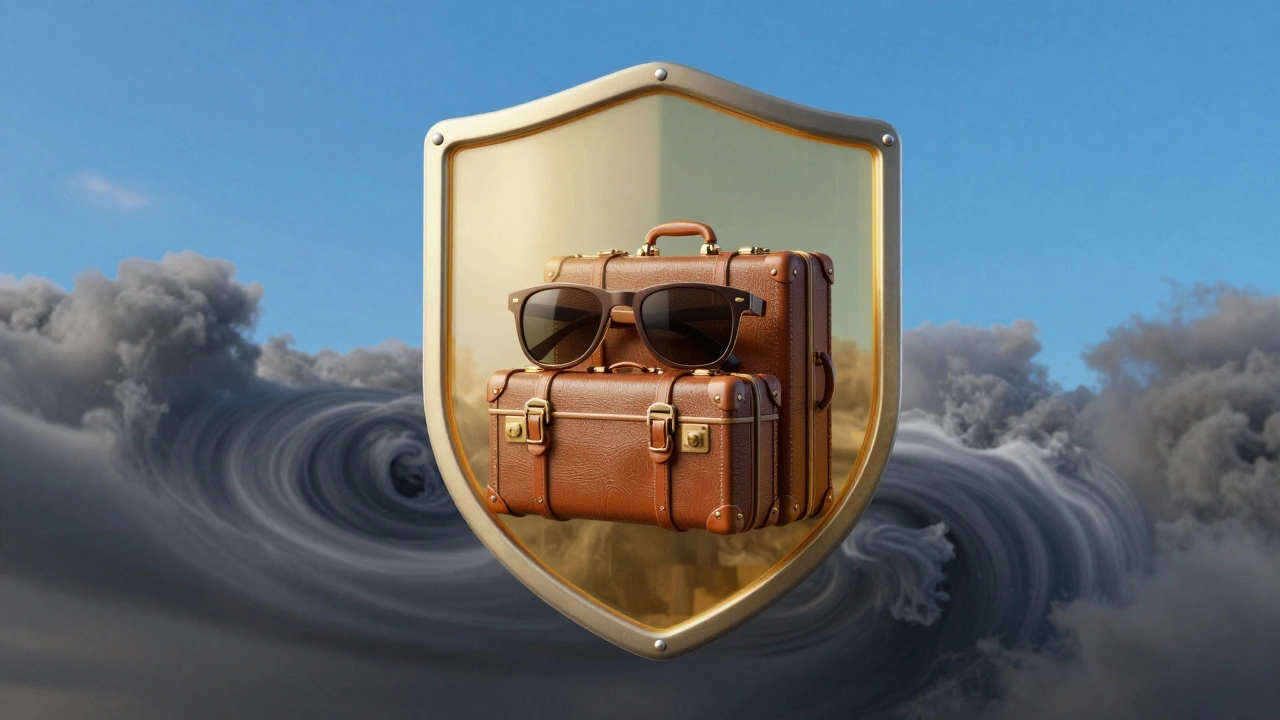 Luggage protected by a golden shield over storm clouds.