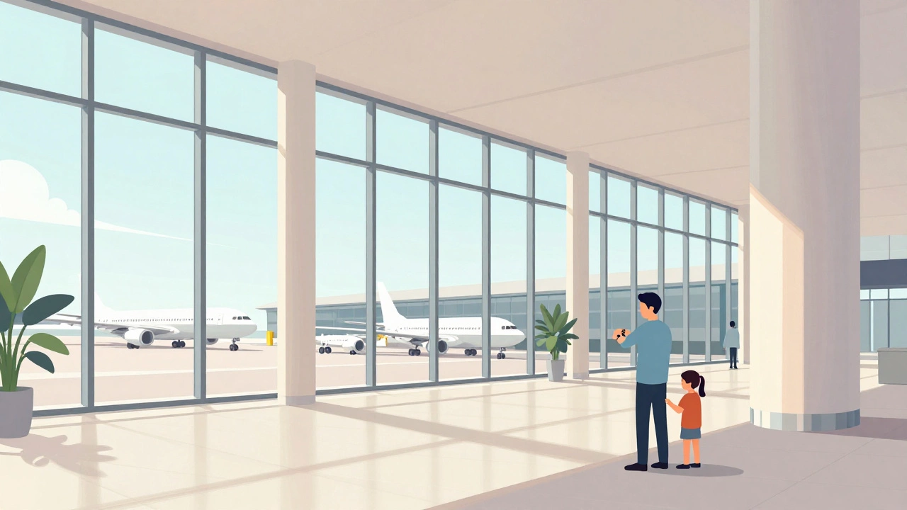 Quiet airport terminal hallway with minimal crowd