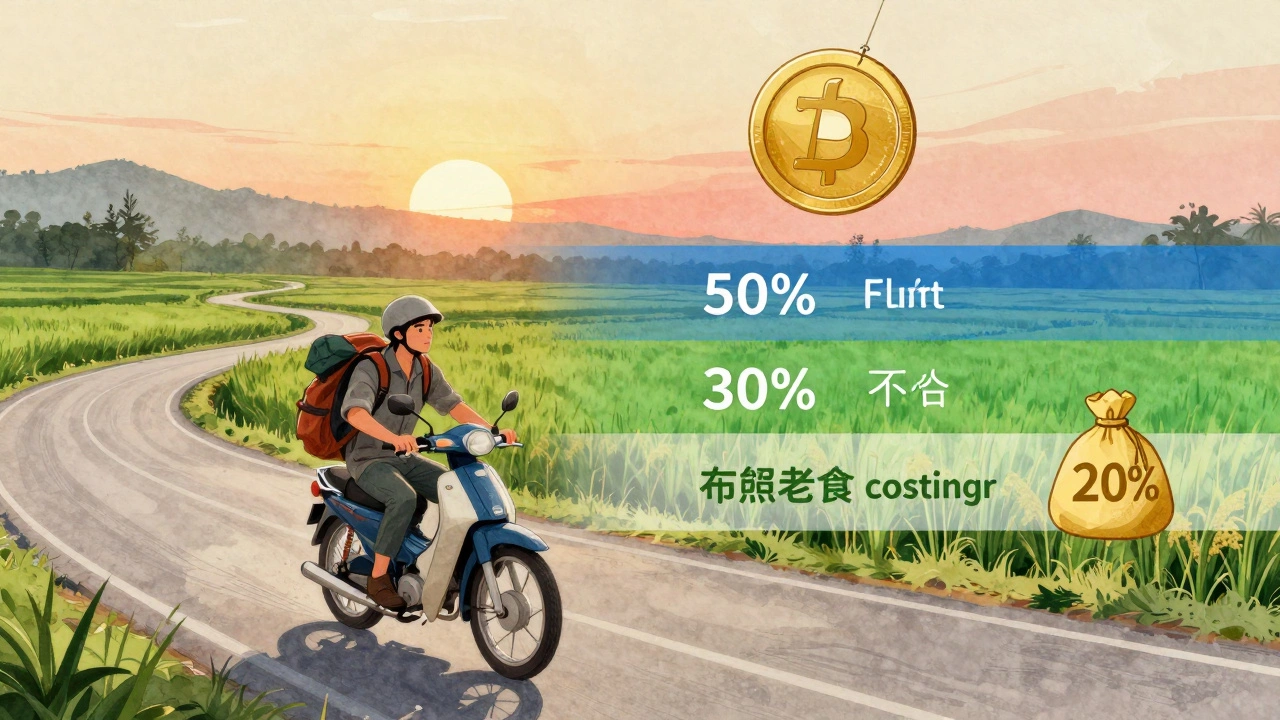 Solo backpacker on a motorbike in Vietnam with color-coded budget bands floating in the sunset sky.