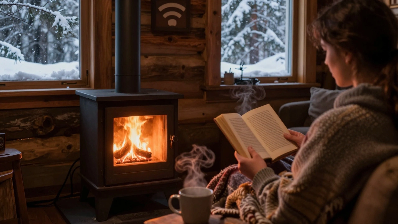 Someone reads by a wood stove in a quiet cabin, no electronics visible, firelight casting warm glow on blankets.