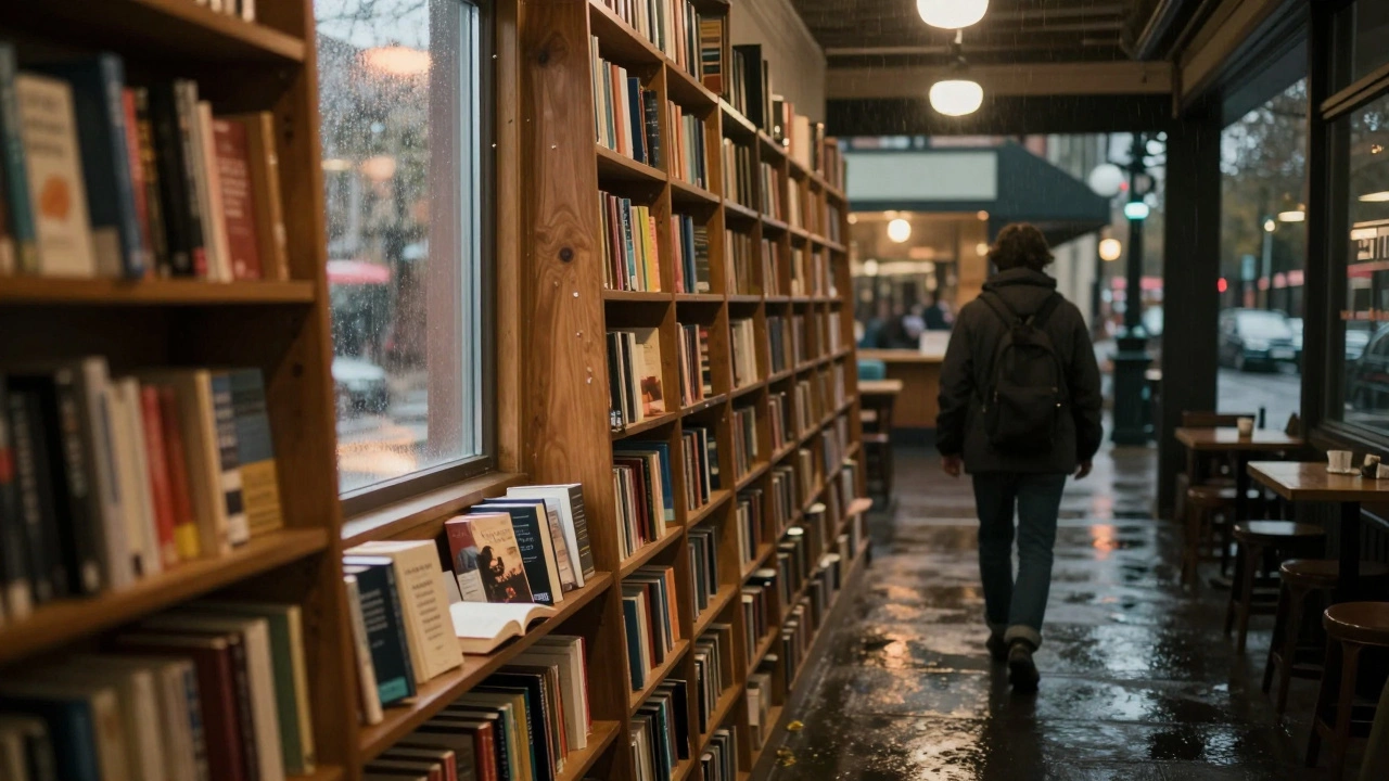 Someone walking through a vast bookstore on a rainy afternoon, books lining the shelves.