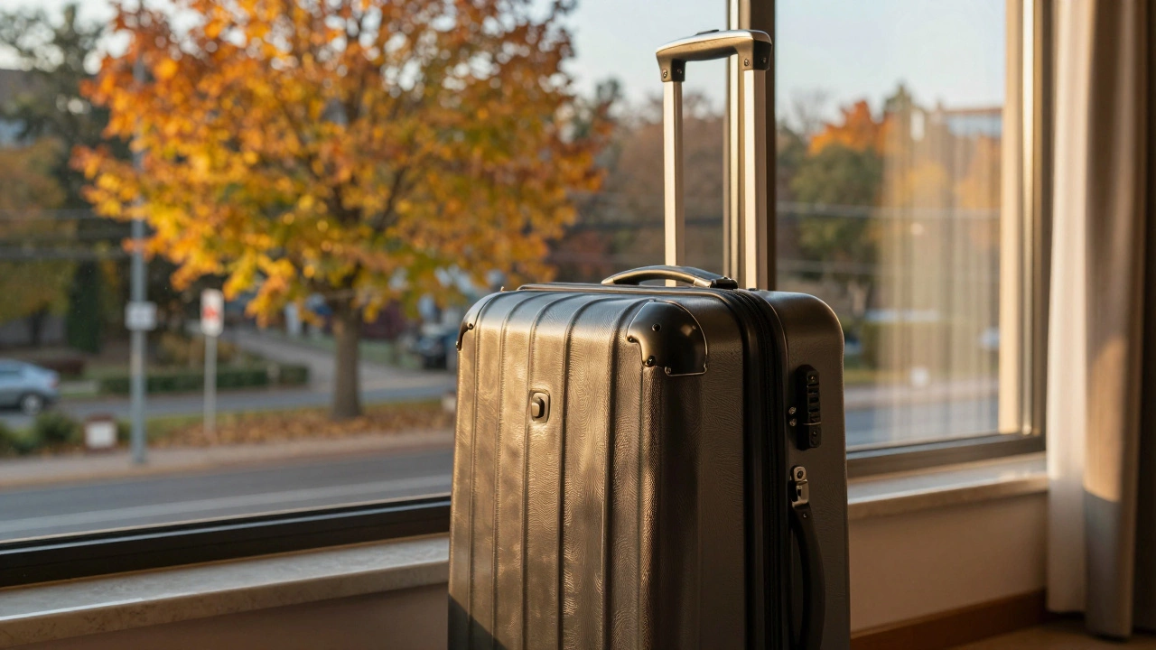 Suitcase by window overlooking autumn outdoor scene