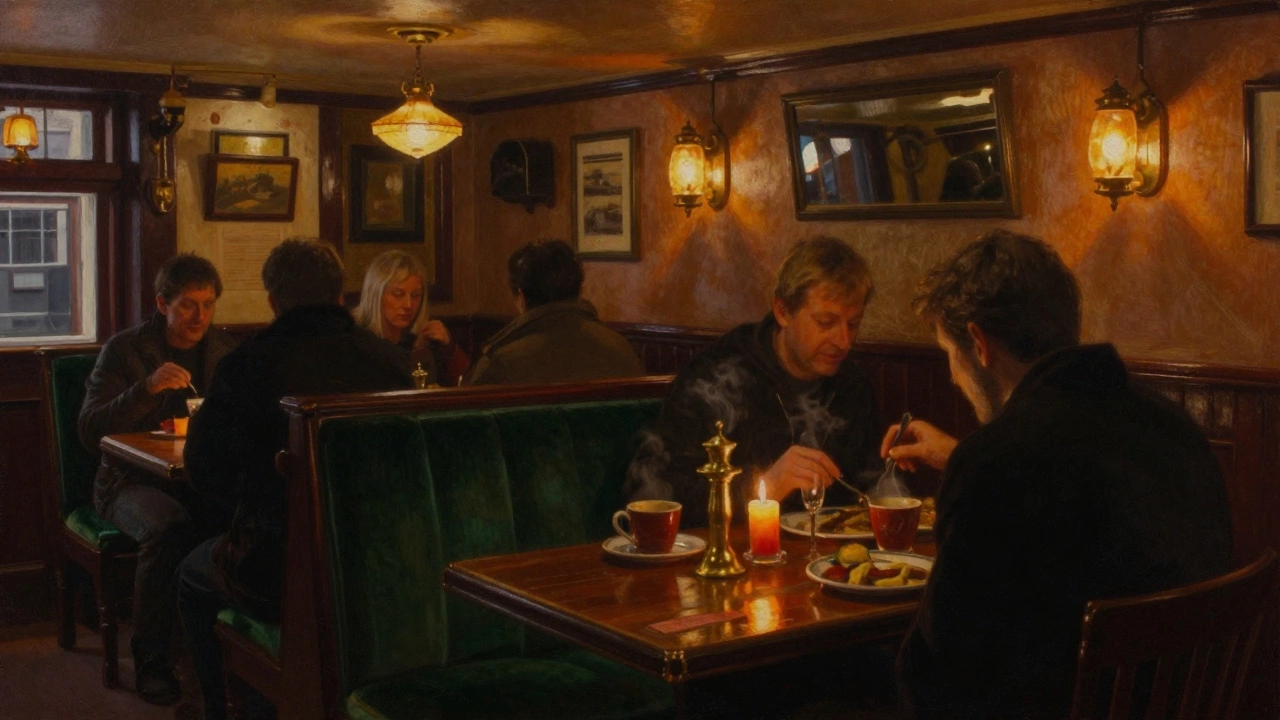 Warm pub interior with patrons dining together