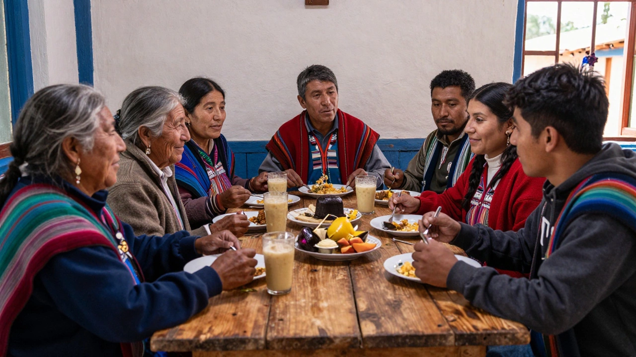 A diverse group of senior and young travelers sharing a meal in an Andean village