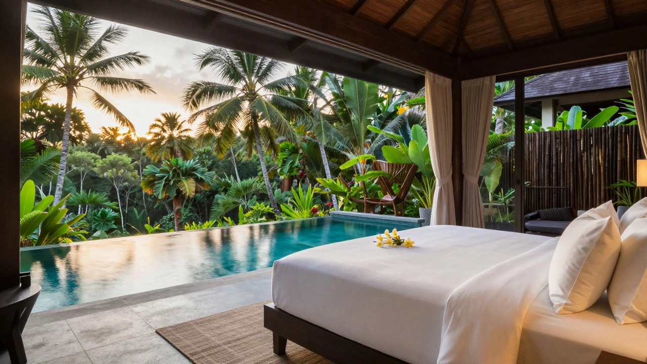 A luxury resort suite in Bali with a private infinity pool and jungle view
