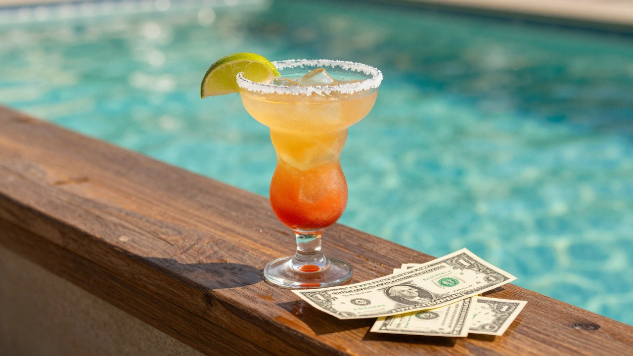 A tropical margarita cocktail next to small US dollar tips at a swim-up bar
