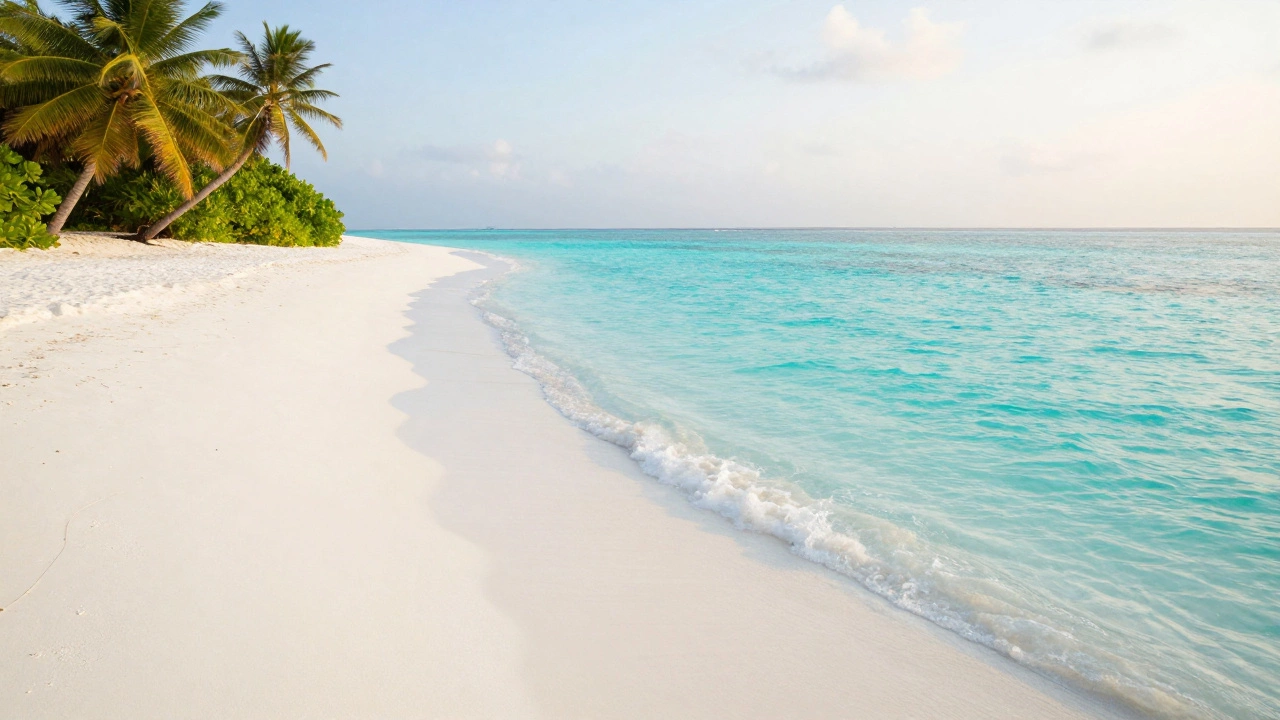 Aerial view of a white powder sand beach in the Maldives