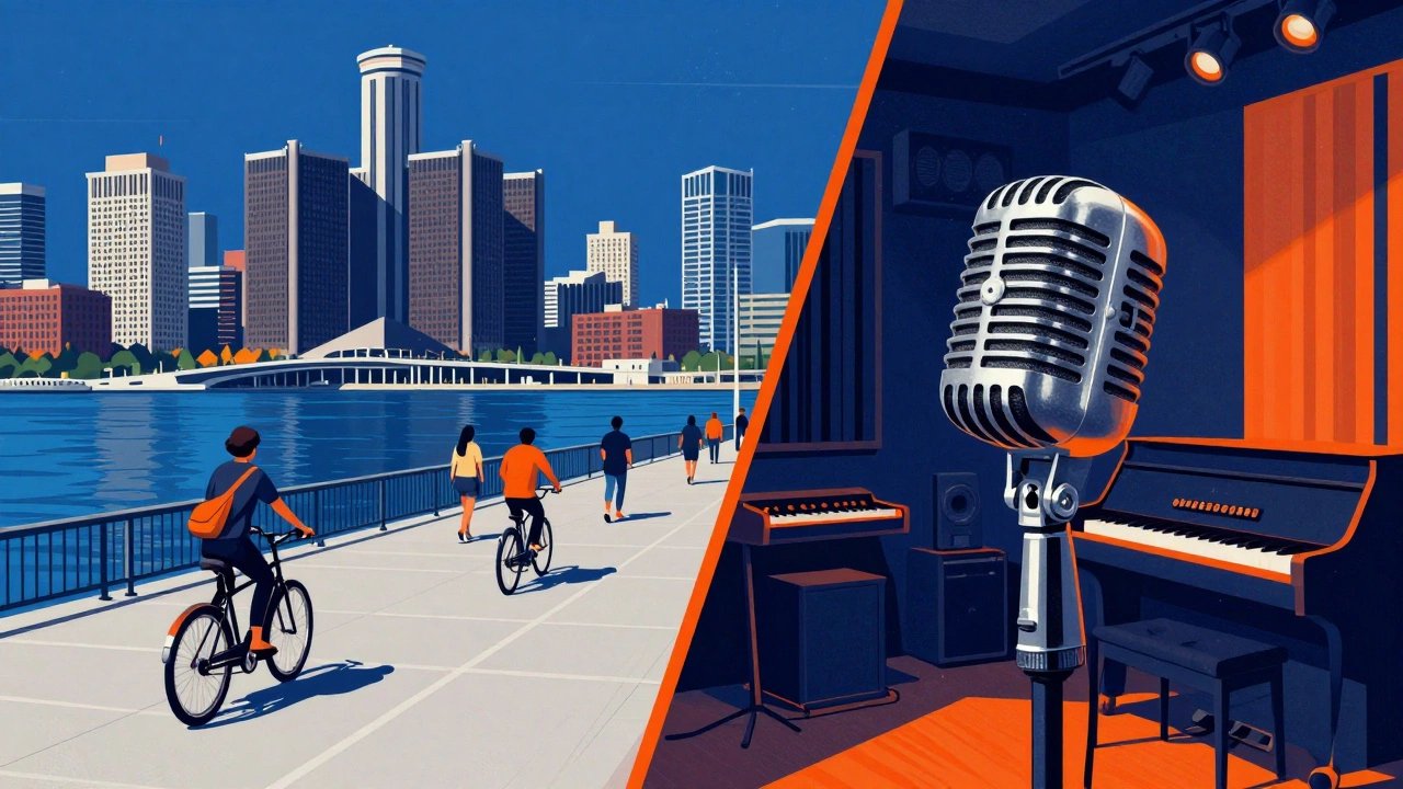 Artistic depiction of Detroit Riverwalk and a vintage 1960s Motown music studio