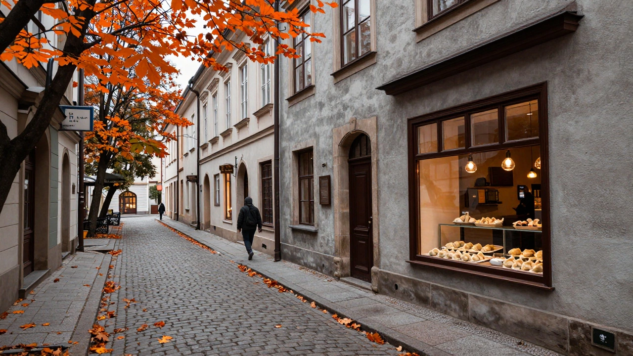Cobbled street in Krakow featuring a traditional bakery with pierogi