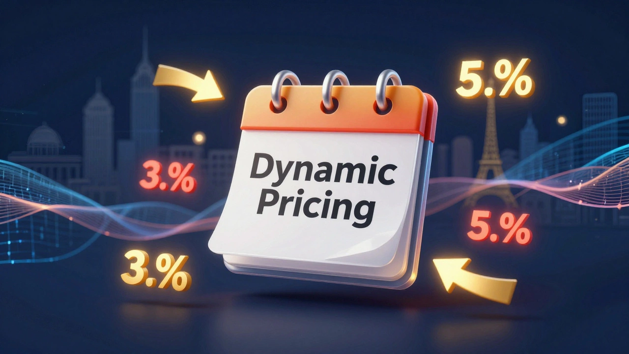 Conceptual digital illustration of a calendar with fluctuating price tags and data waves