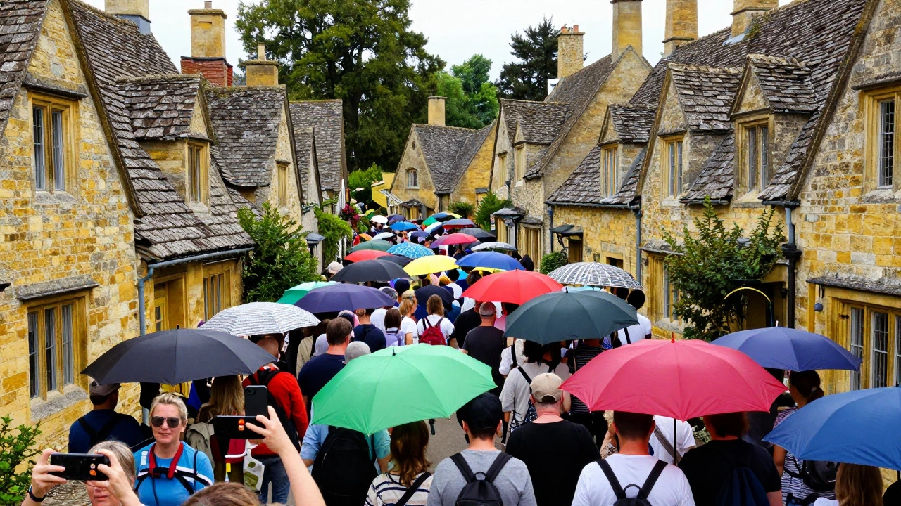 Crowds of tourists with smartphones filling a narrow street in a Cotswolds village