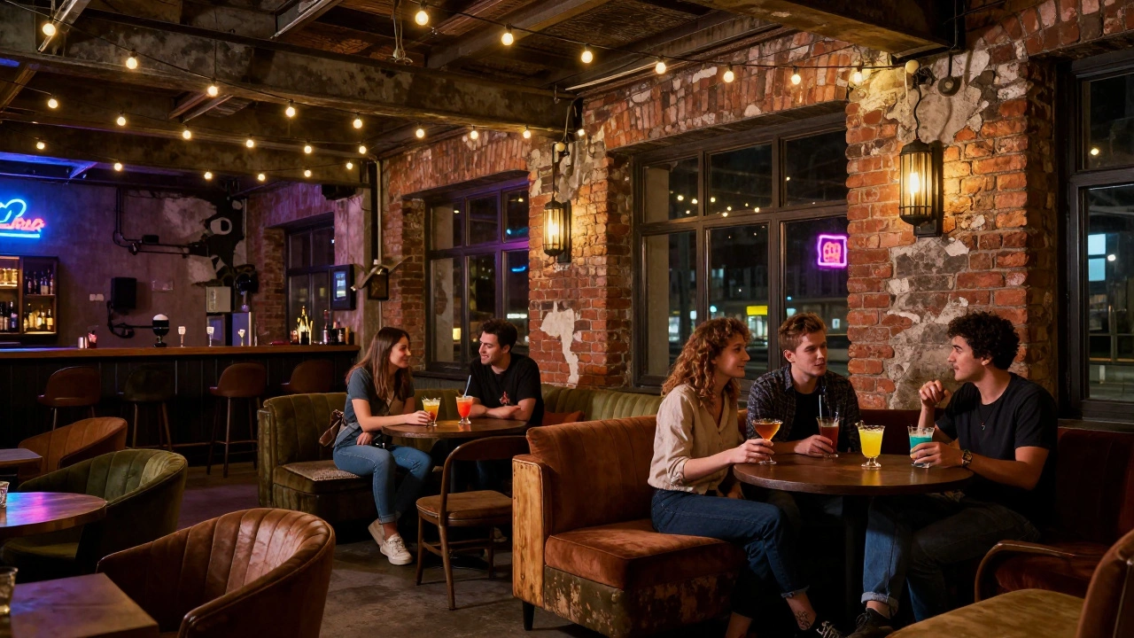 Eclectic Budapest ruin bar with vintage furniture and moody neon lighting