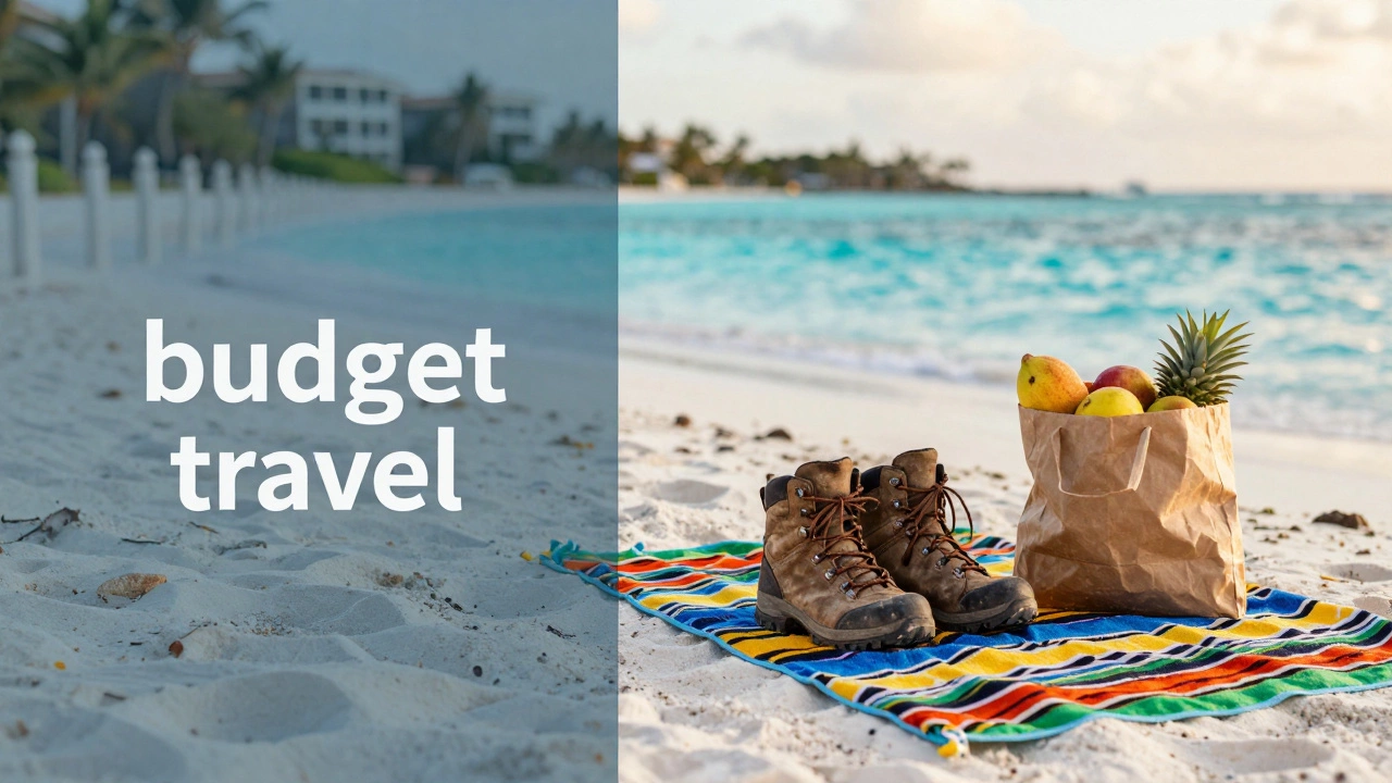 Hiking boots and tropical fruit on a public Caribbean beach