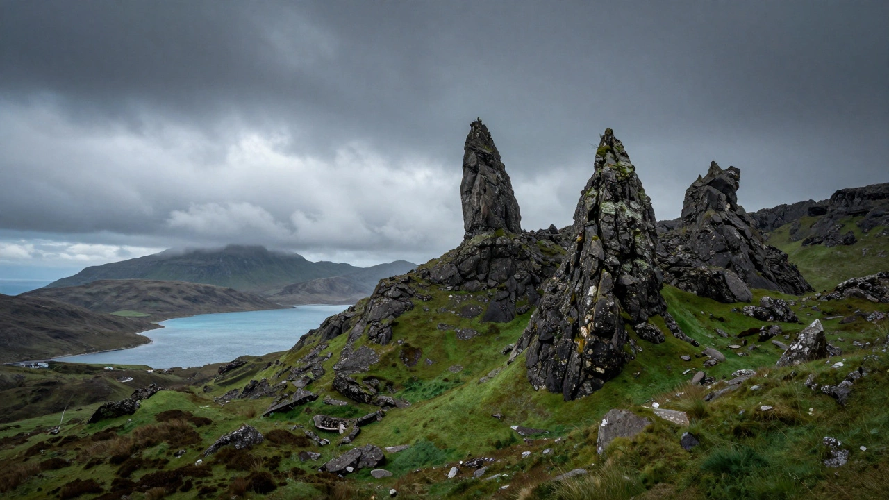 Jagged mountains and dramatic peaks of the Isle of Skye in Scotland