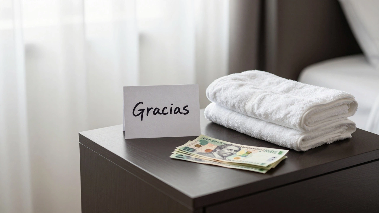 Mexican peso tips and a thank you note on a hotel nightstand