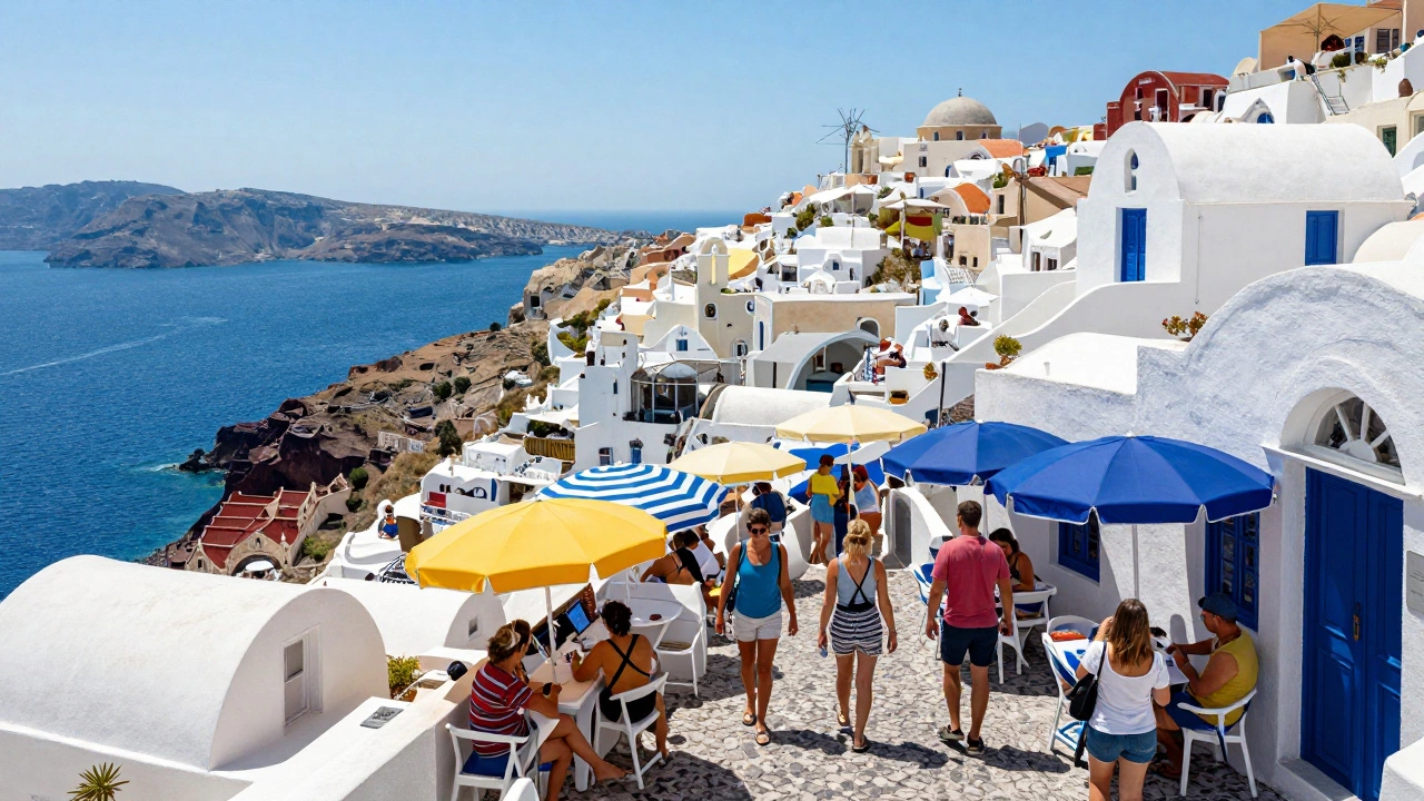 Overcrowded Mediterranean coastal street with tourists under a bright August sun.