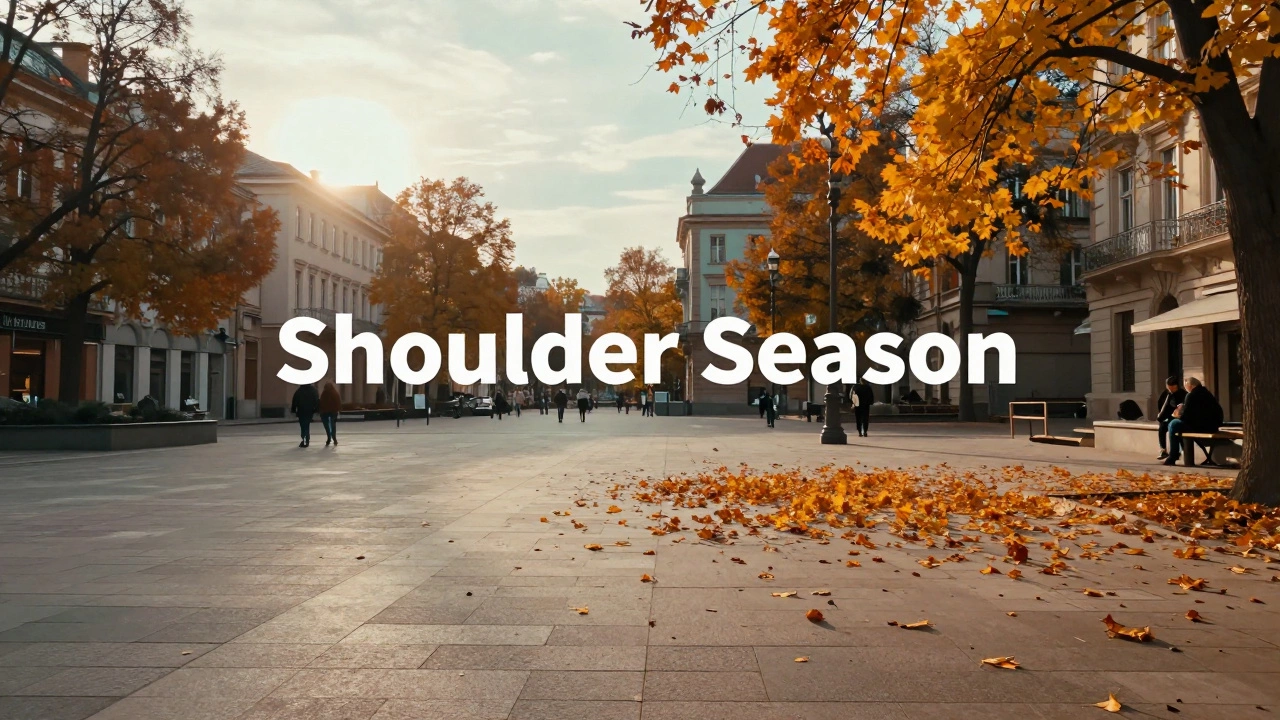 Quiet European city plaza with autumn leaves during the peaceful shoulder season.