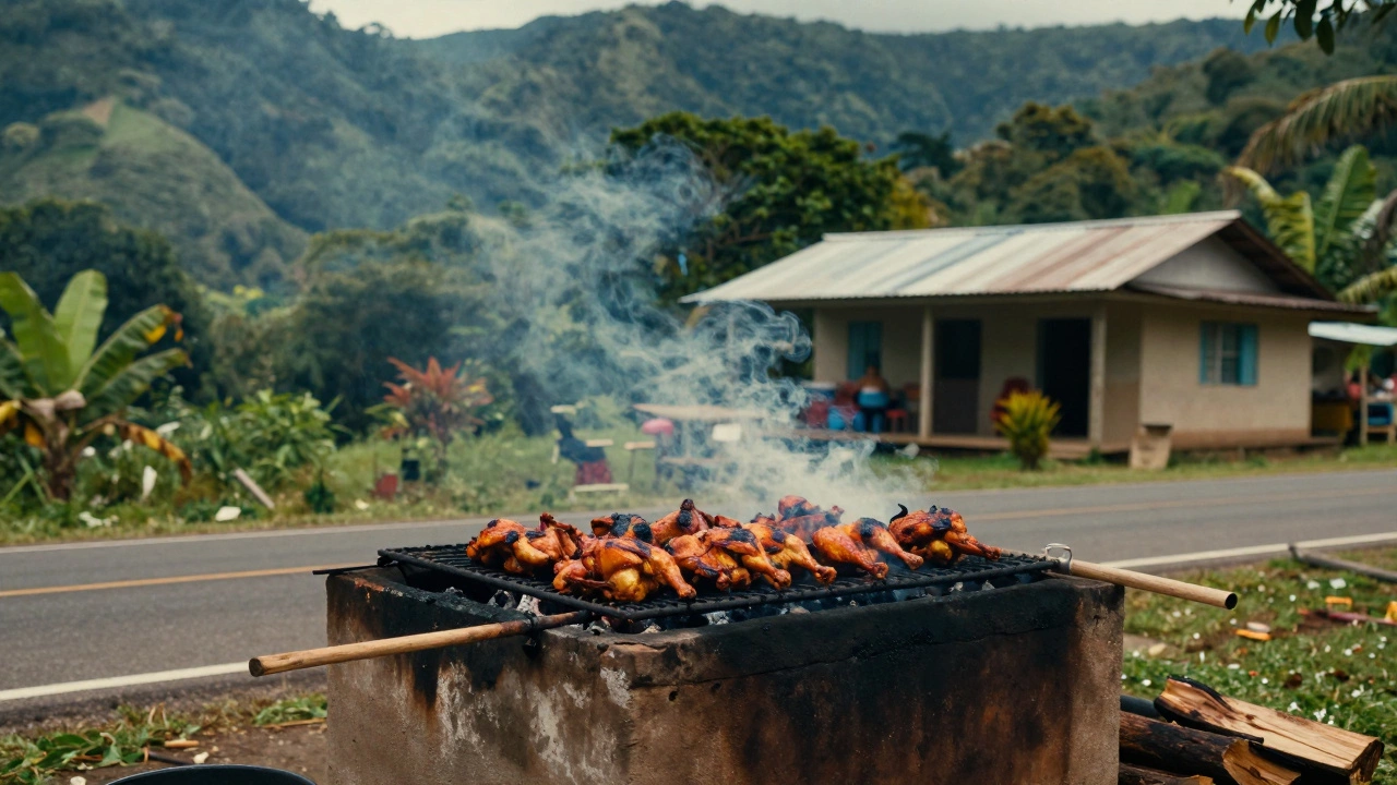Rustic roadside jerk chicken grill in the lush Jamaican countryside