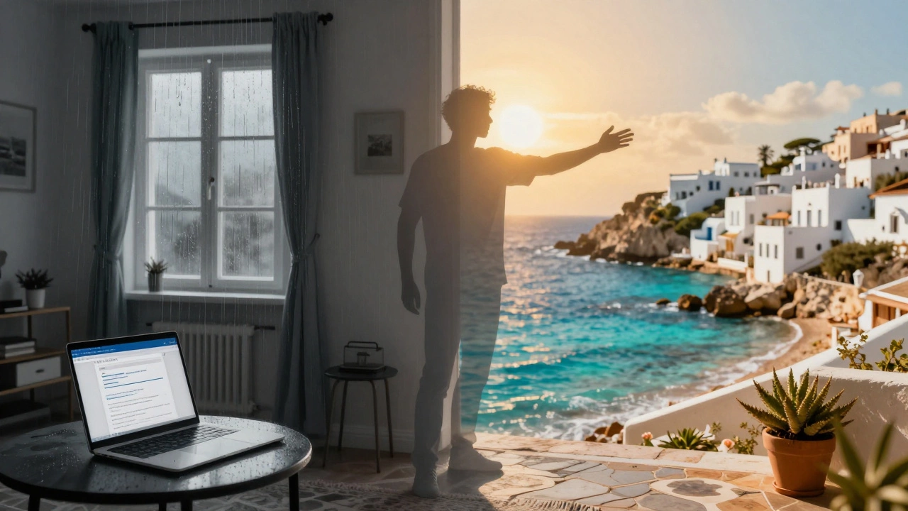 Split image comparing a grey home environment with a sunny Mediterranean beach scene