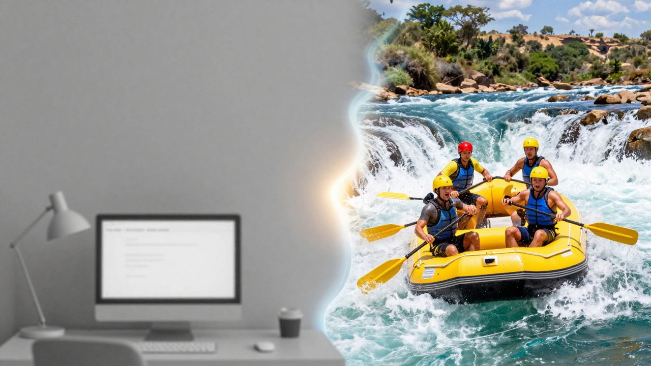 Split image showing a grey office versus a colorful white-water rafting adventure