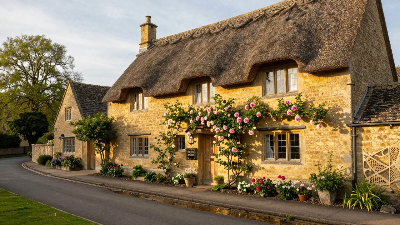 Traditional limestone cottage with a thatched roof in a Cotswolds village