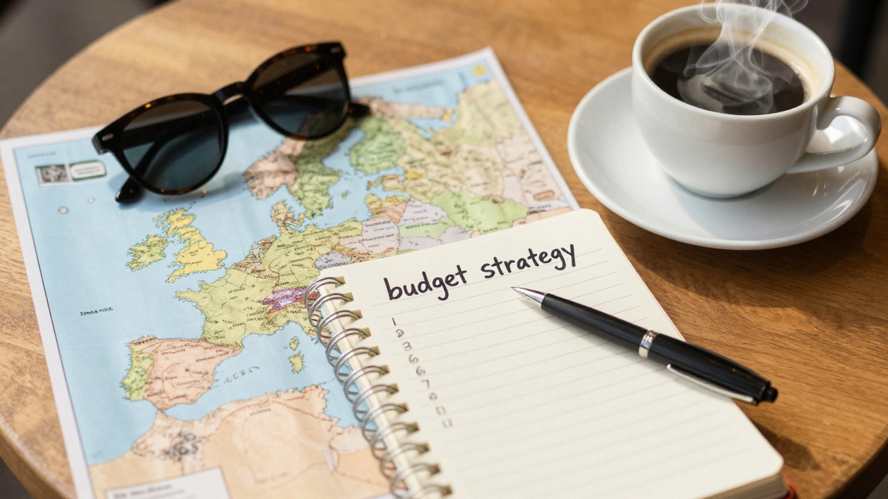 Travel planning setup on a cafe table with a map, notebook, and coffee in warm sunlight
