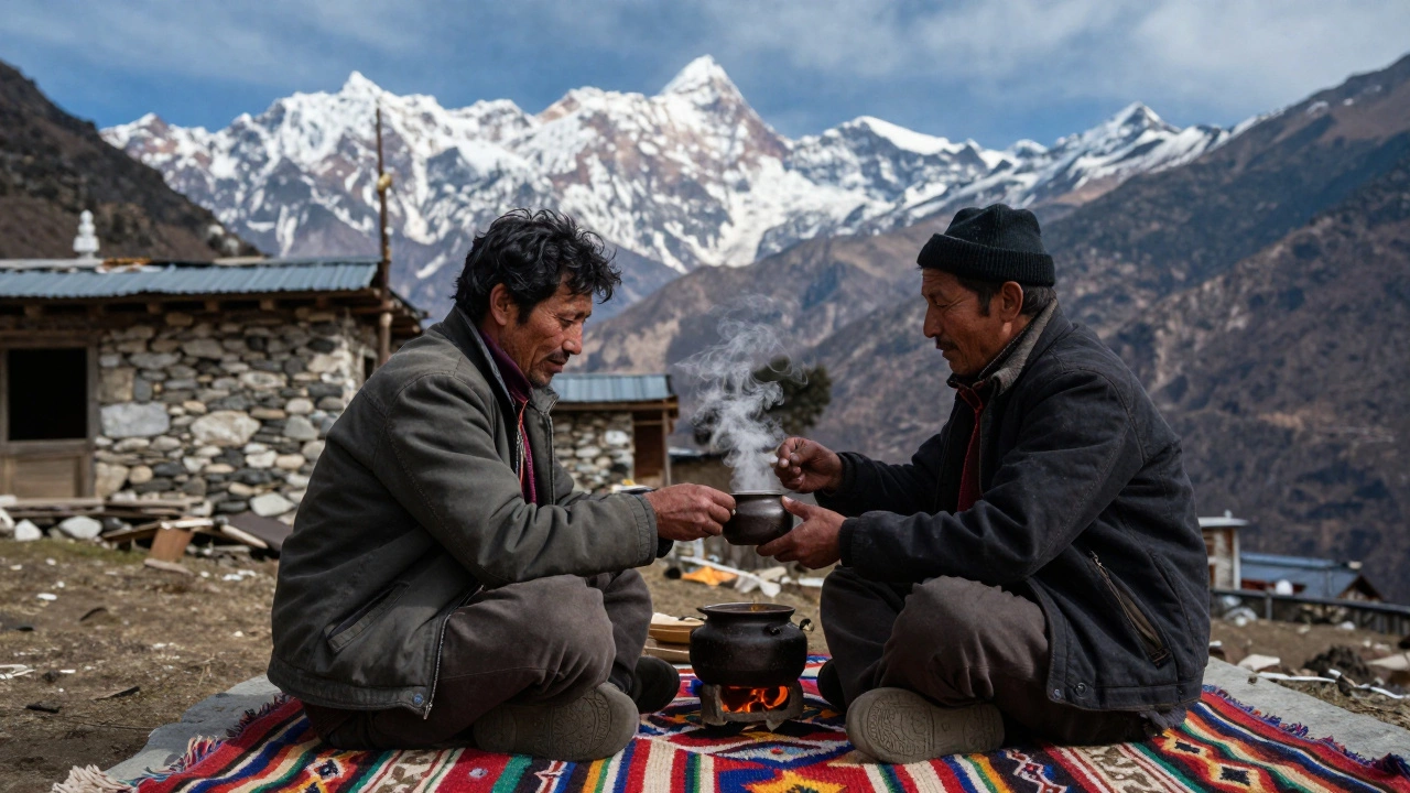 Traveler and local guide sharing tea in a remote Himalayan village