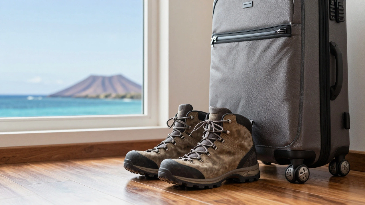 Trekking boots and a lightweight suitcase in a boutique hotel overlooking the Galapagos