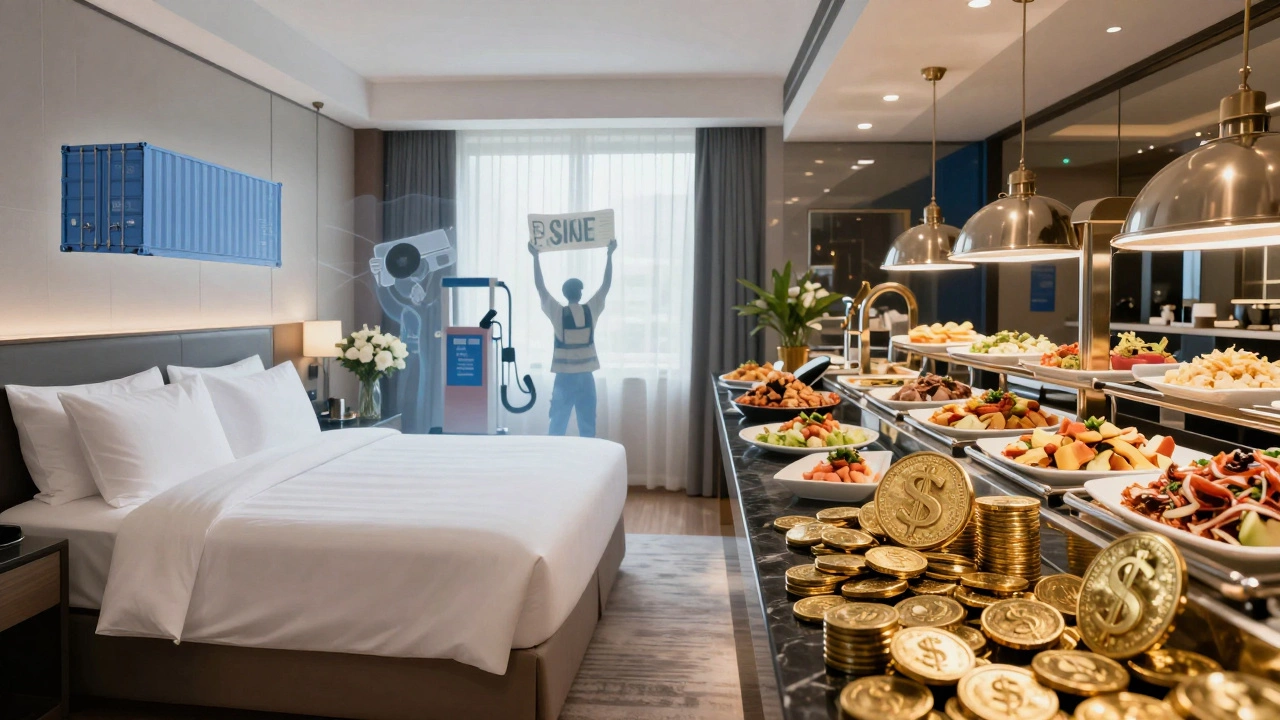 Conceptual art showing hidden costs like labor and fuel in hotels