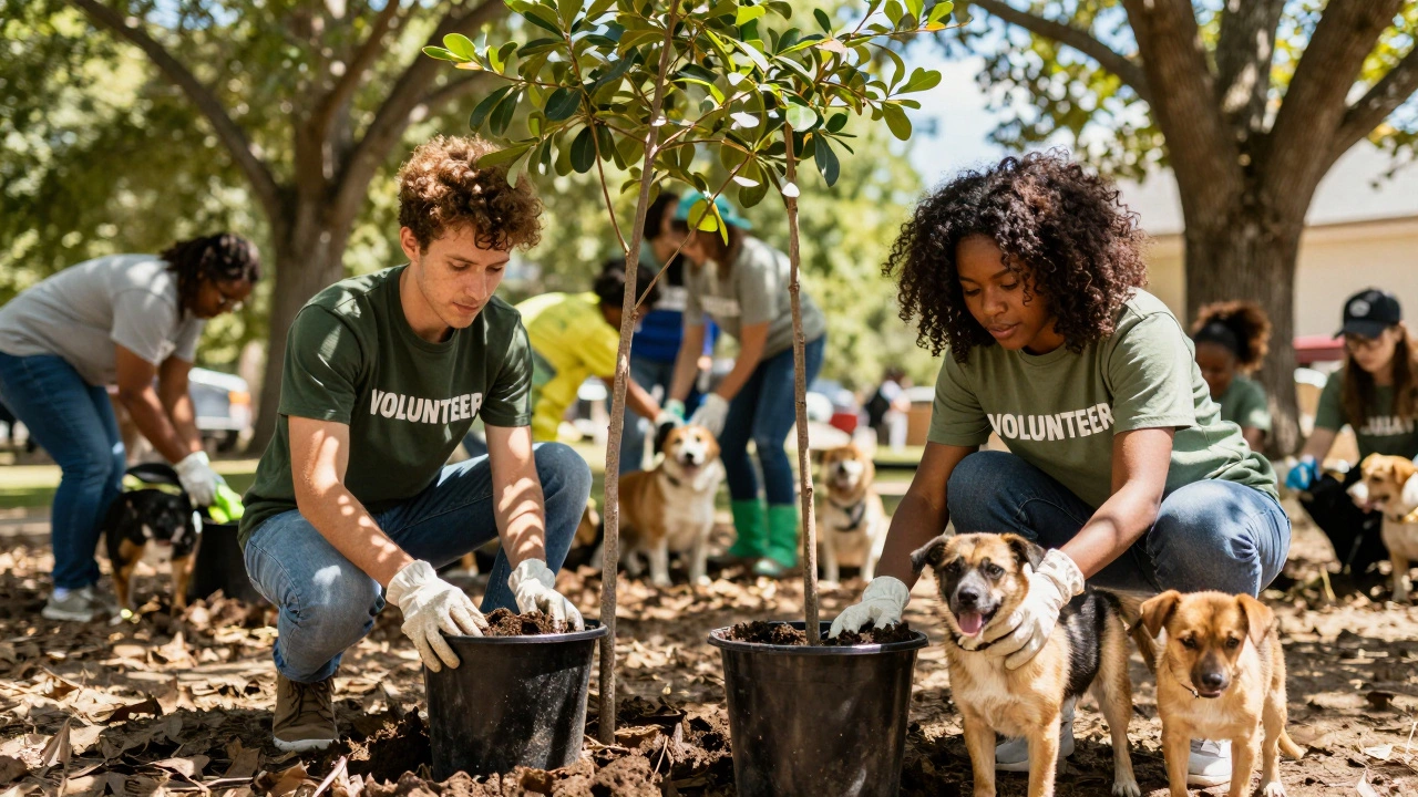 Couple bonding while volunteering together at a sunny community event.