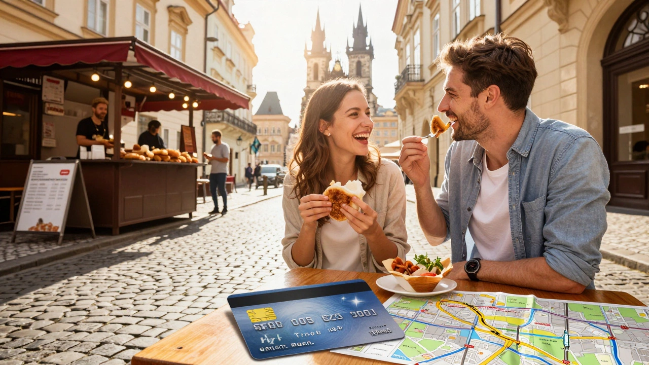 Couple enjoying cheap street food in a quiet European city
