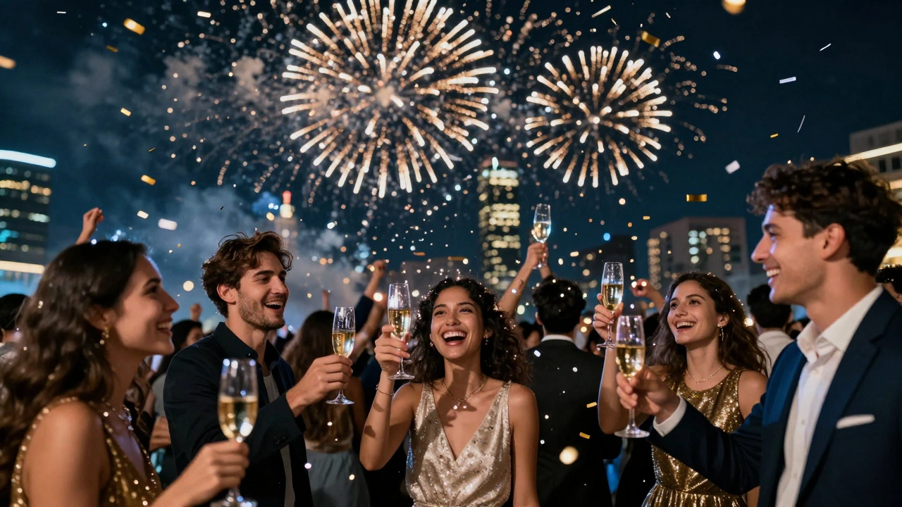 Crowd celebrating New Year's Eve with fireworks