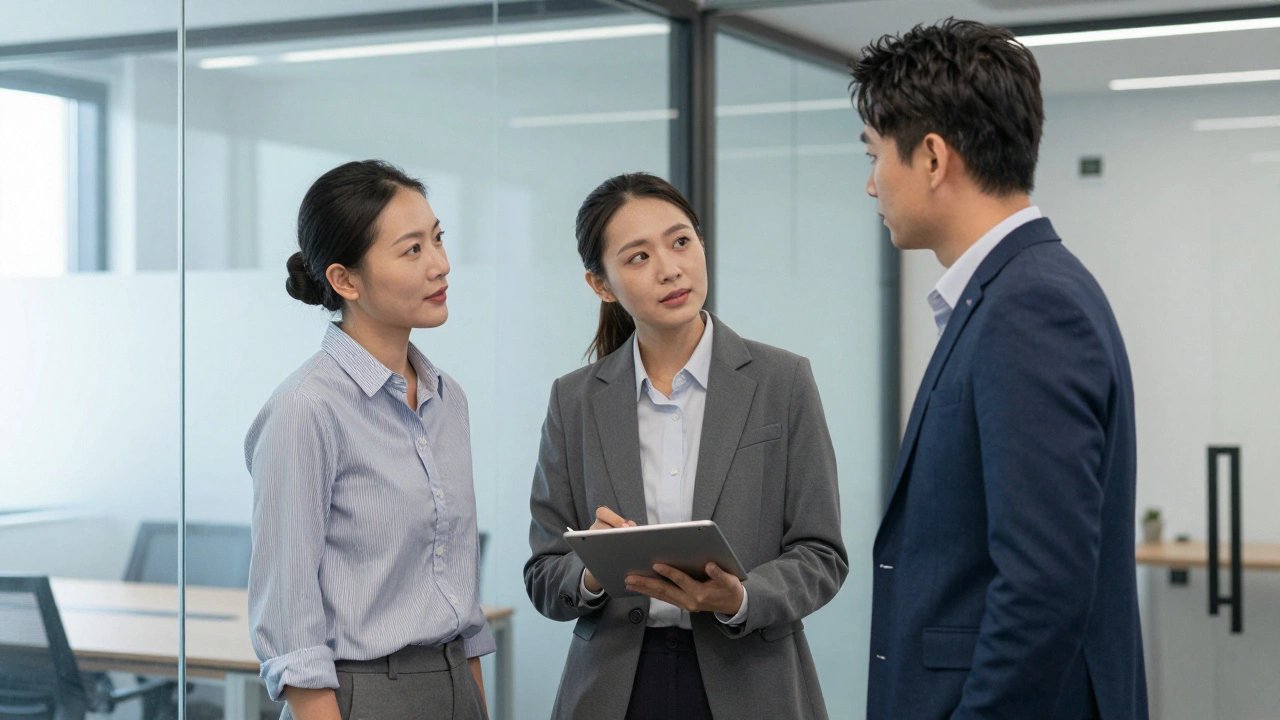 Employee discussing last-minute leave request with manager in modern office