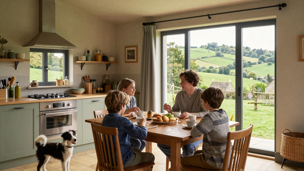 Family and dog enjoying breakfast in a sunny countryside holiday cottage.