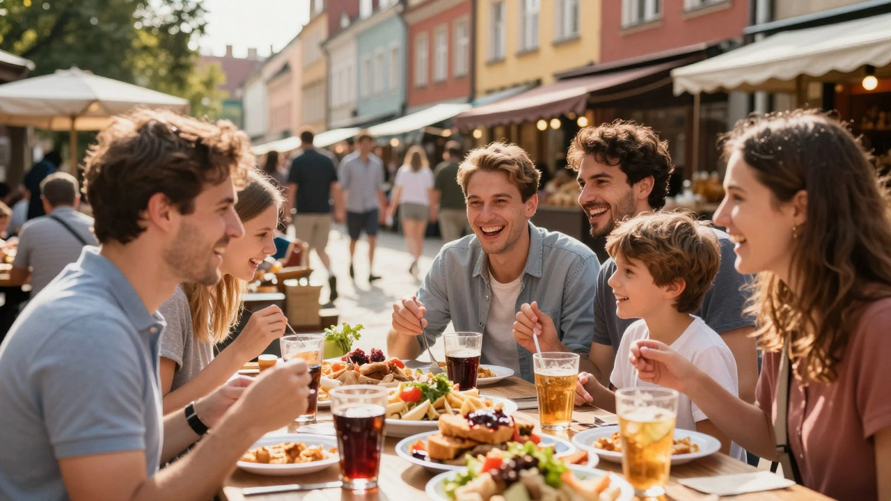 Family enjoying affordable meal at vibrant European outdoor market